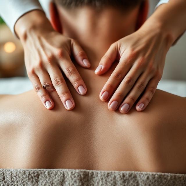 Close-up hands applying shiatsu pressure on shoulders, serene spa ambience
